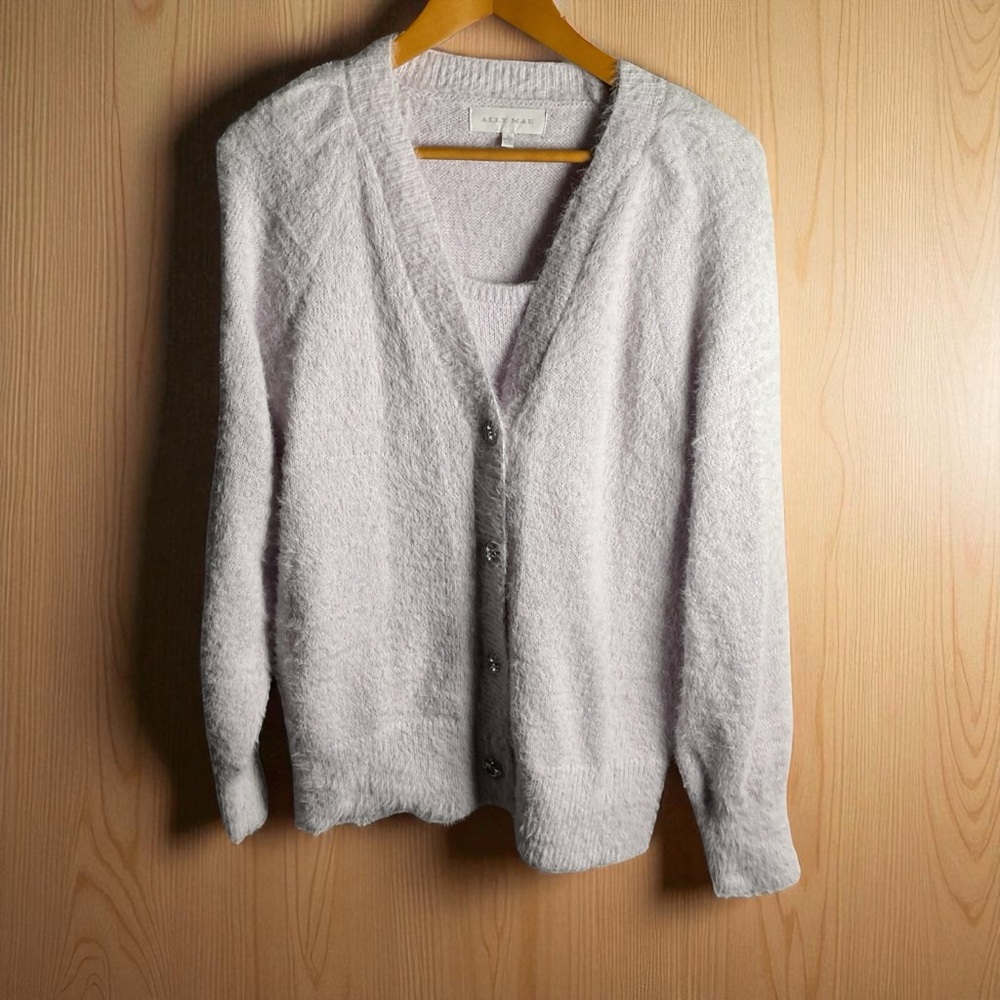Ally Mae Cozy Cardigan Sweater Tank Top Set Pale Lilac Glam Cozycore